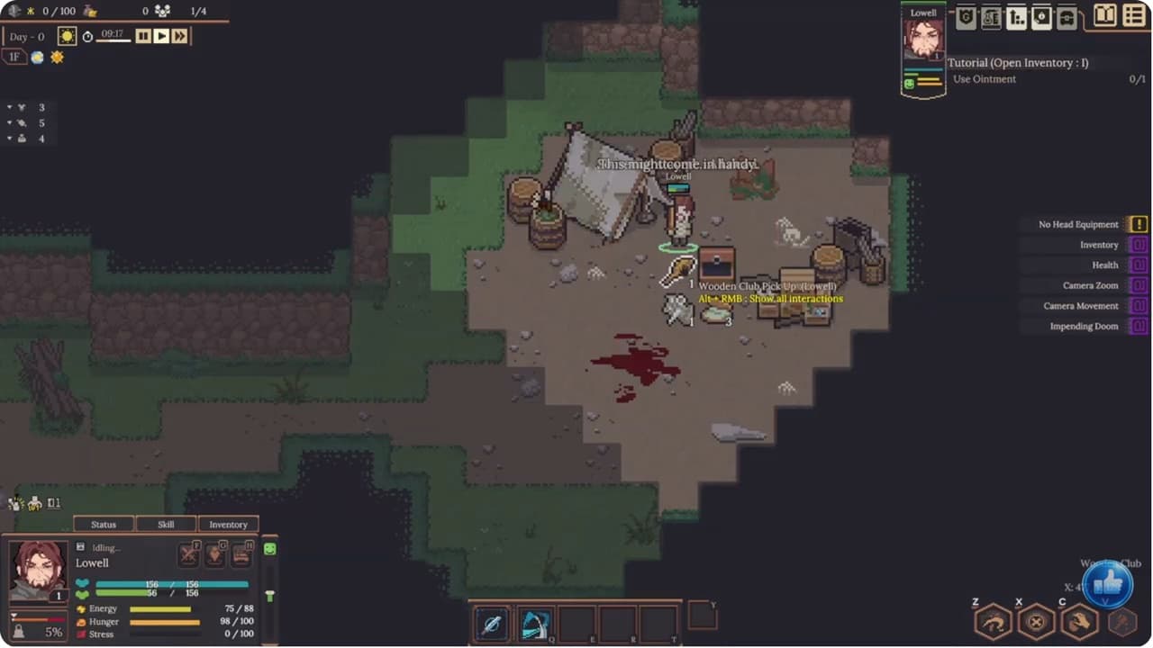 Dungeon Settlers Demo gameplay showing the Open Inventory task and the inventory tab