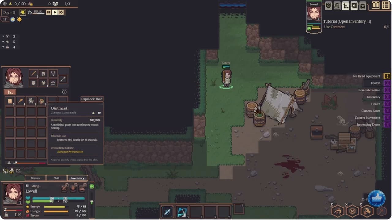 Dungeon Settlers Demo inventory open with an ointment stack selected